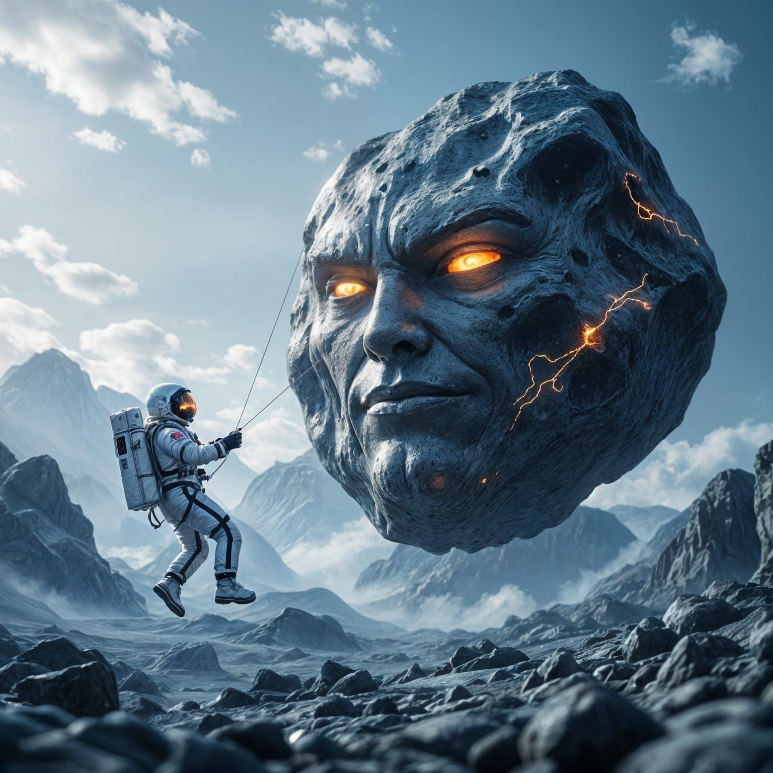 Astronaut Tethered to Sentient Asteroid in Space