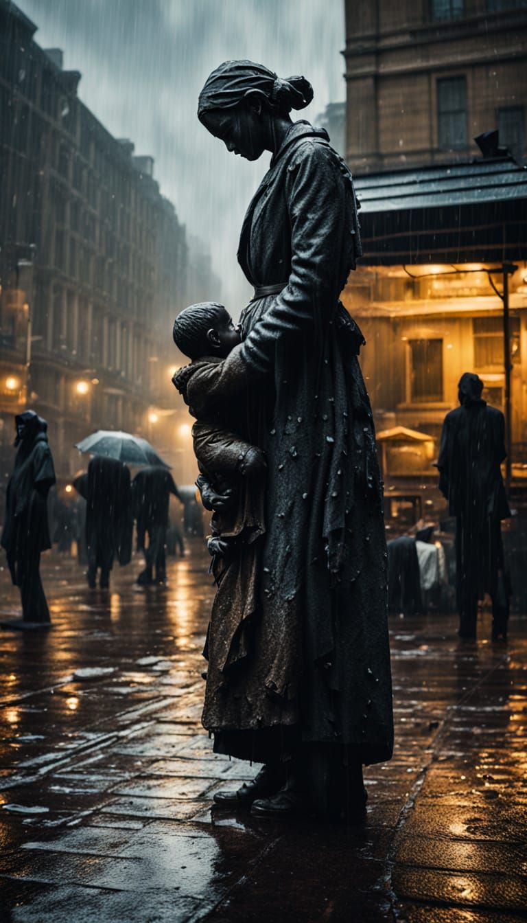 Mother Protects Baby from Rain in Vibrant Plaza