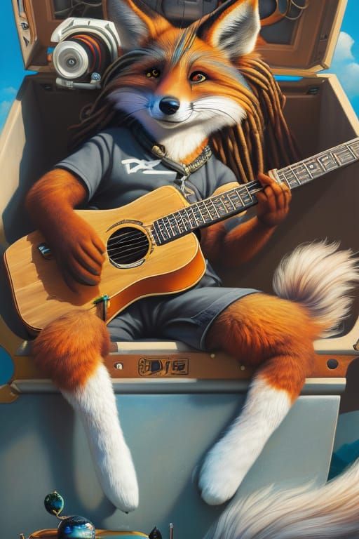 Cartoon Fox Rocks Out in Expressionist Digital Art