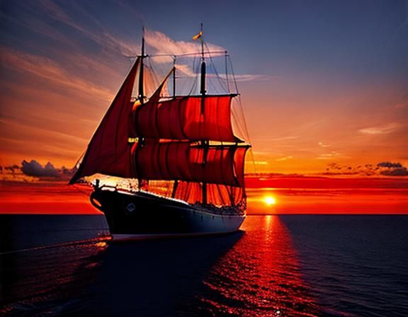 Hyperrealistic Red Sails at Sunset