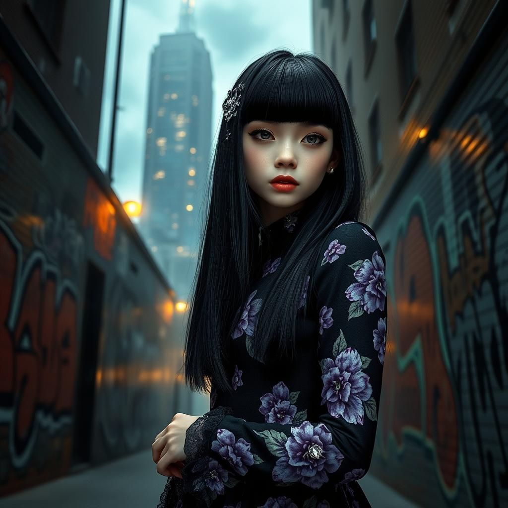 Gothic Girl with Flowers in Urban Alleyway