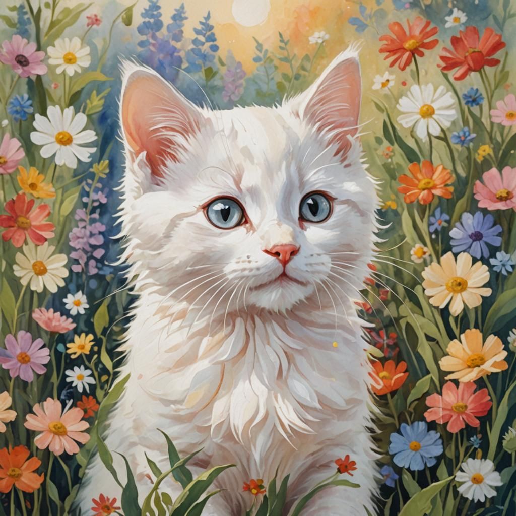 Impressionist Kitten in Gouache Painting with Floral Backgro...