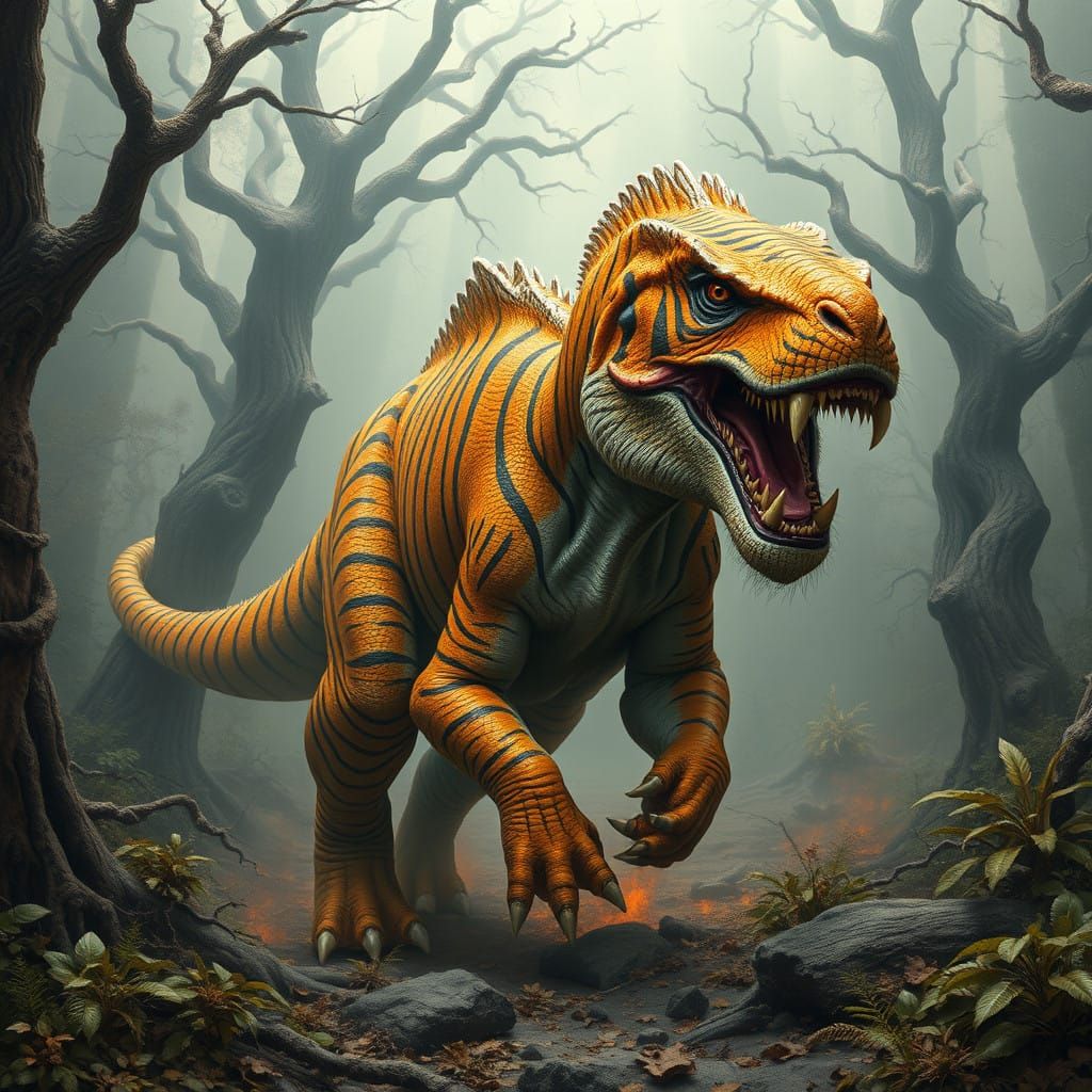 Cyberpunk Monster Stalks Dark Fantasy Forest