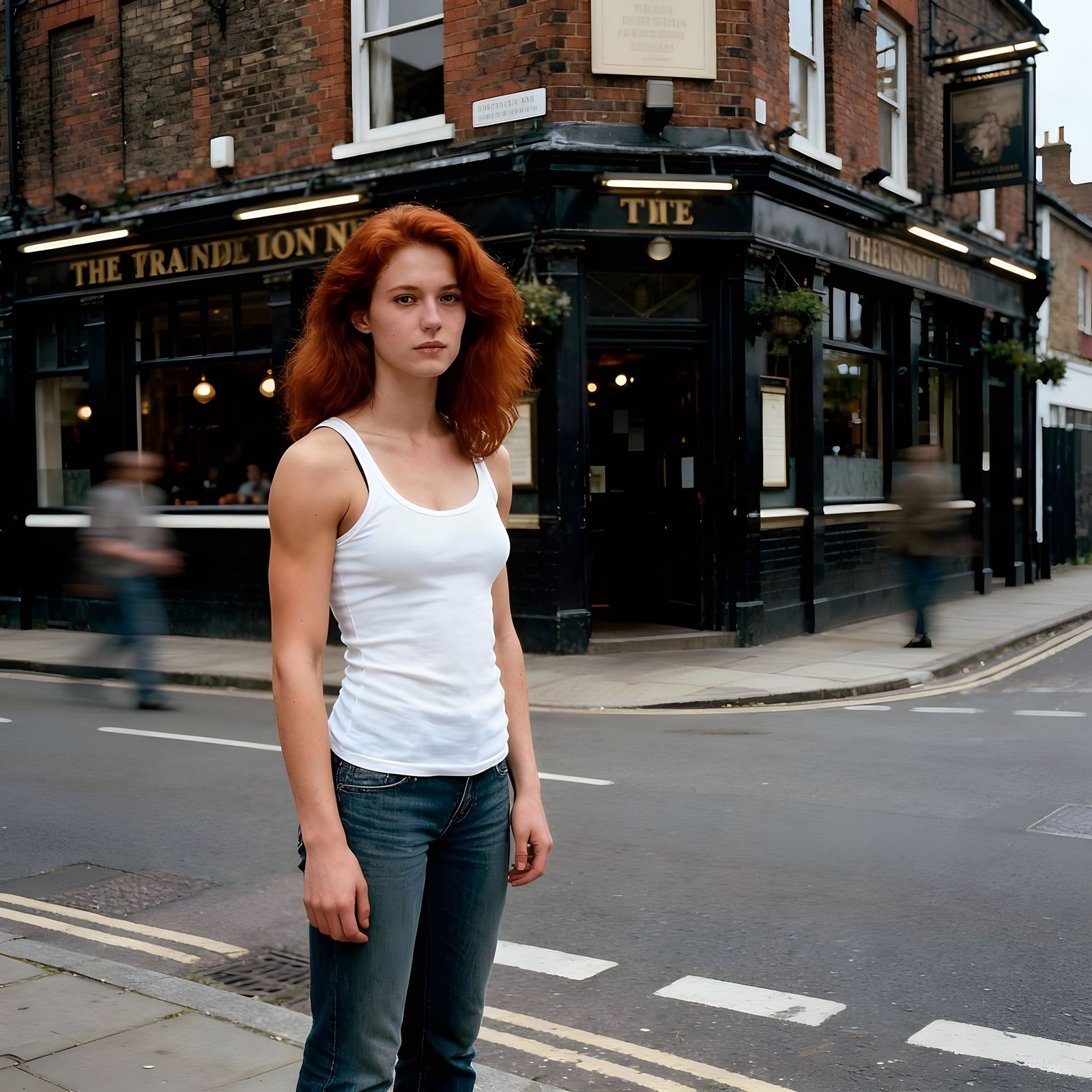 Woman in White Tank Top at English Pub