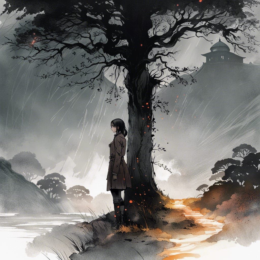 Drenched Woman Under Tree on Hill