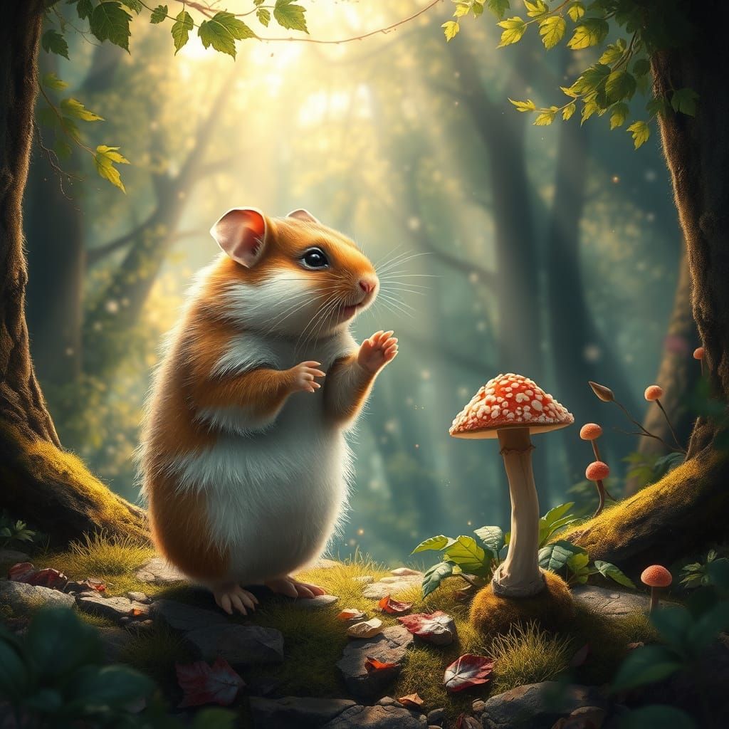 Fluffy Hamster Inspects Mushroom in Enchanted Forest