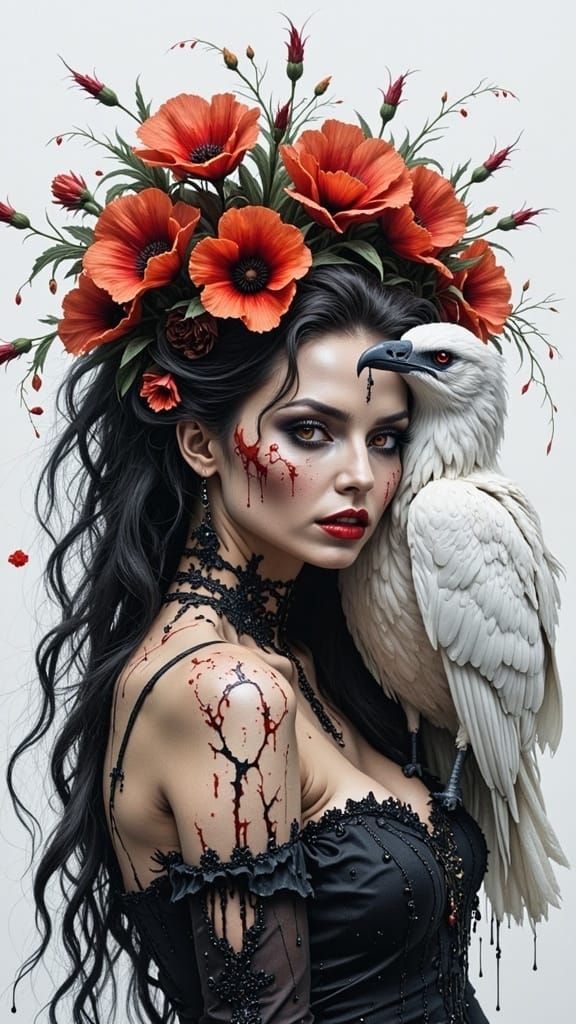 Goddess with Raven in Charcoal Sketch Style