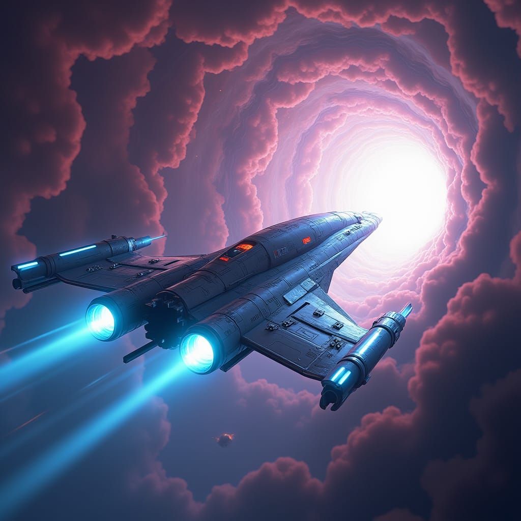 Spaceship Soaring Through Nebula Towards Wormhole