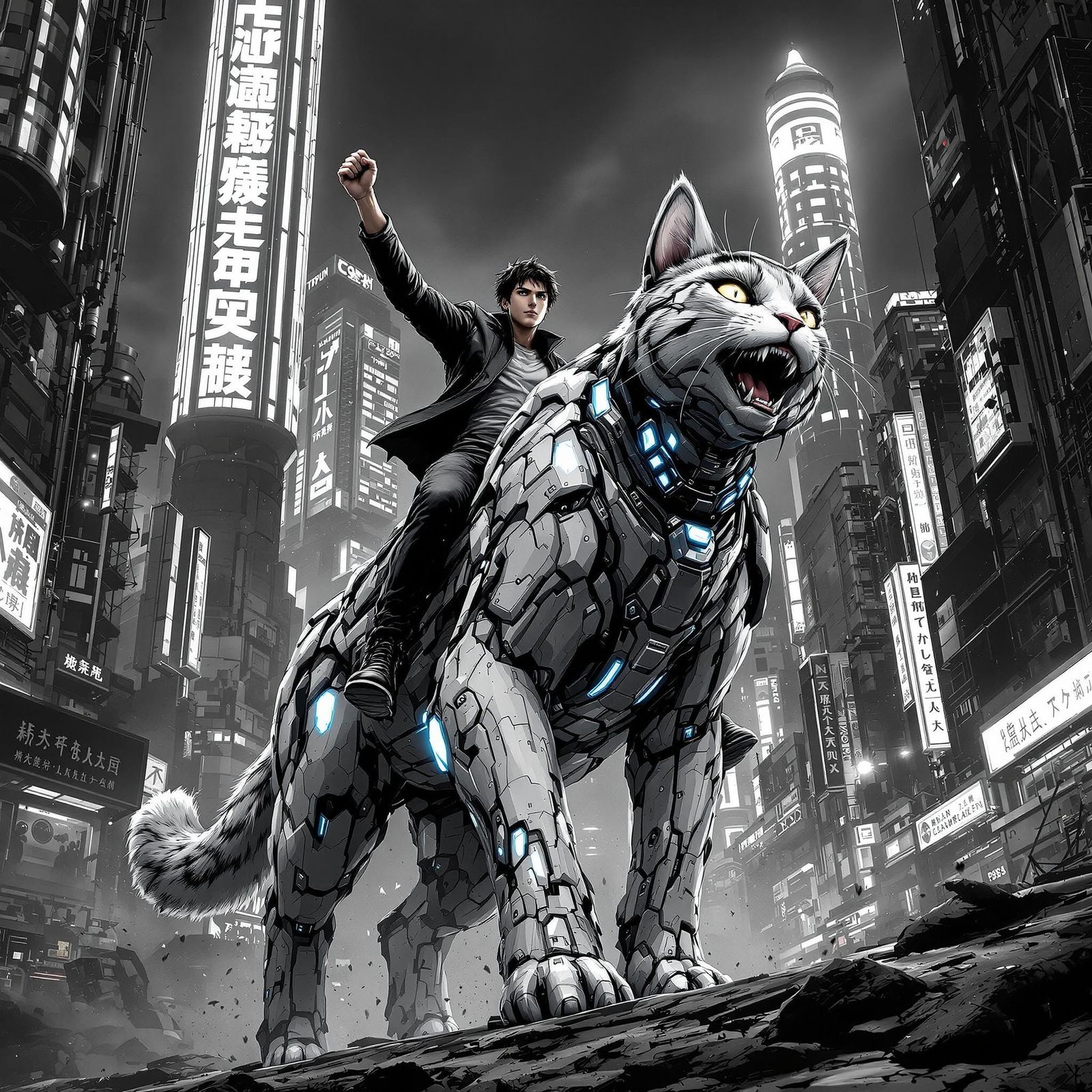 Heroic Young Man Rides Mechanical Cat Through Futuristic Tok...