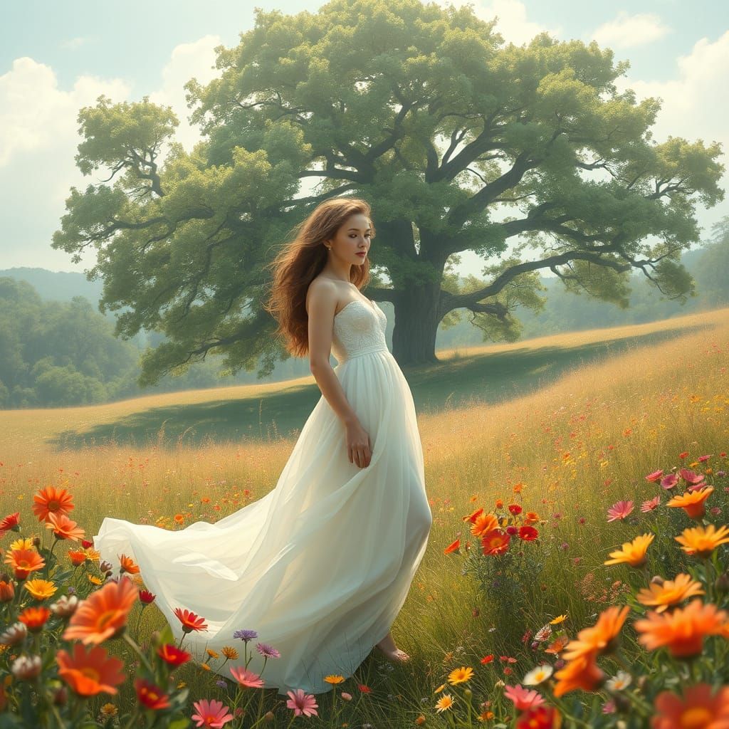 Woman in Floral Landscape, Art Nouveau Style