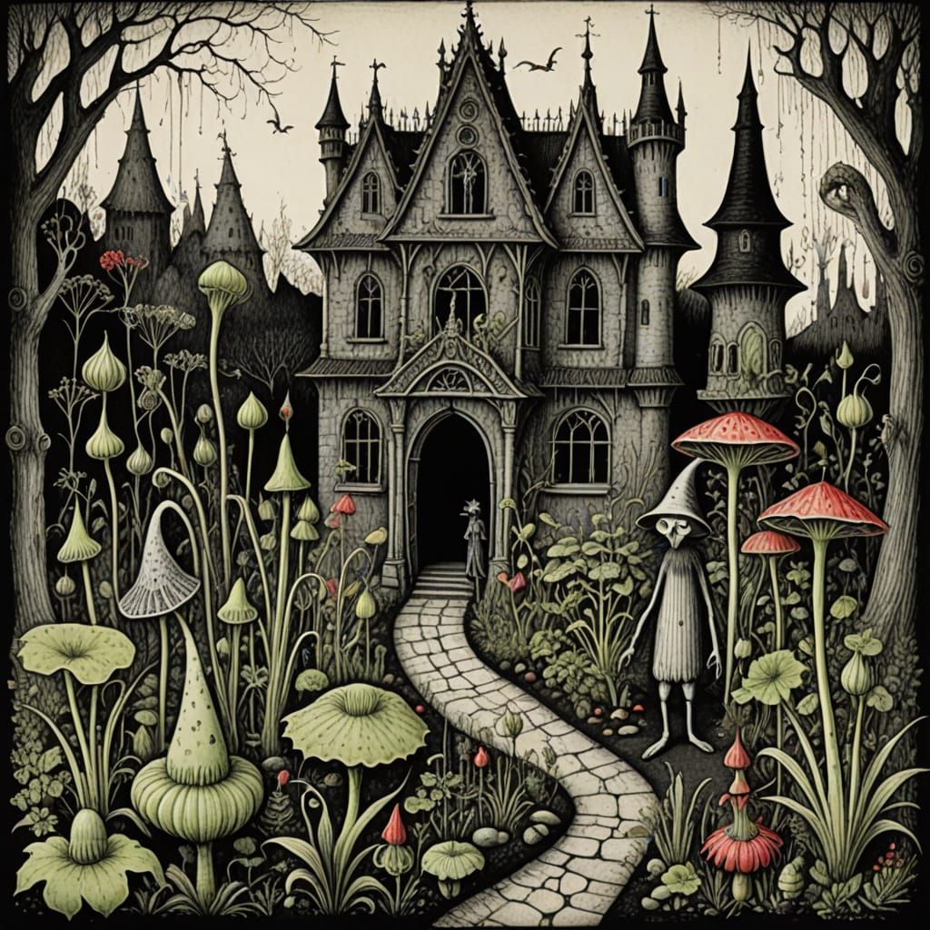 Nightmare Garden Illustration in Dark Surrealist Style