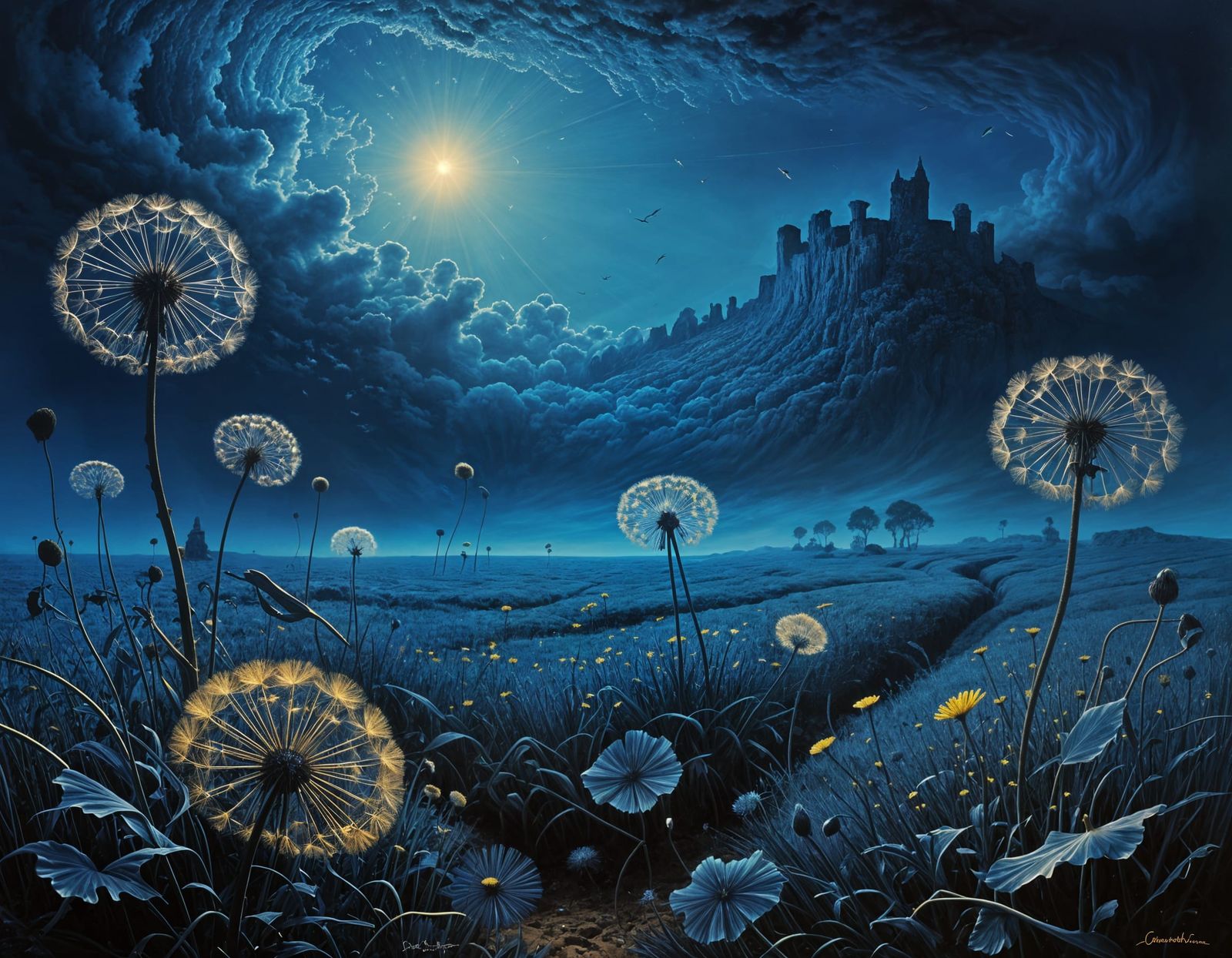 Ethereal Dandelion Dreamscape in Infinite Ultramarine
