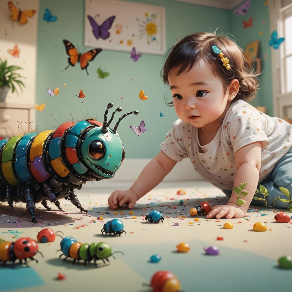 Caterpillar Robot and Baby Girl Playtime, Anime Style