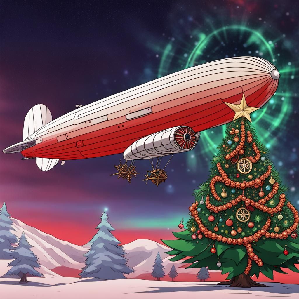 Surreal Zeppelin with Christmas Tree in Dreamscape