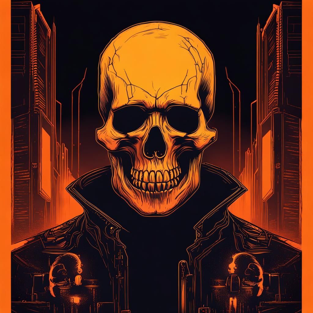 Halloween Cyberpunk Party Poster with Skull and Neon
