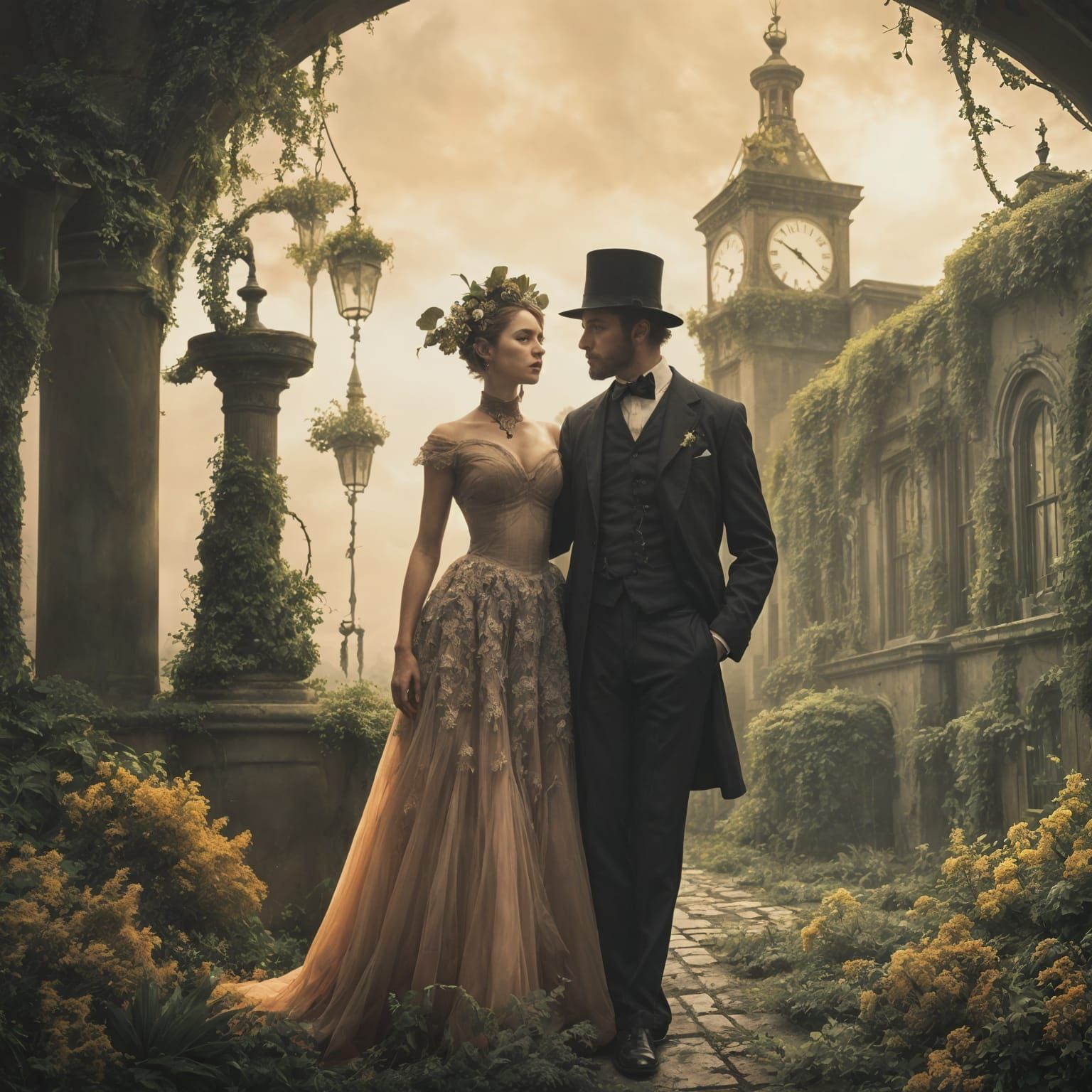 Victorian Steampunk Cityscape in a Floral Dystopia