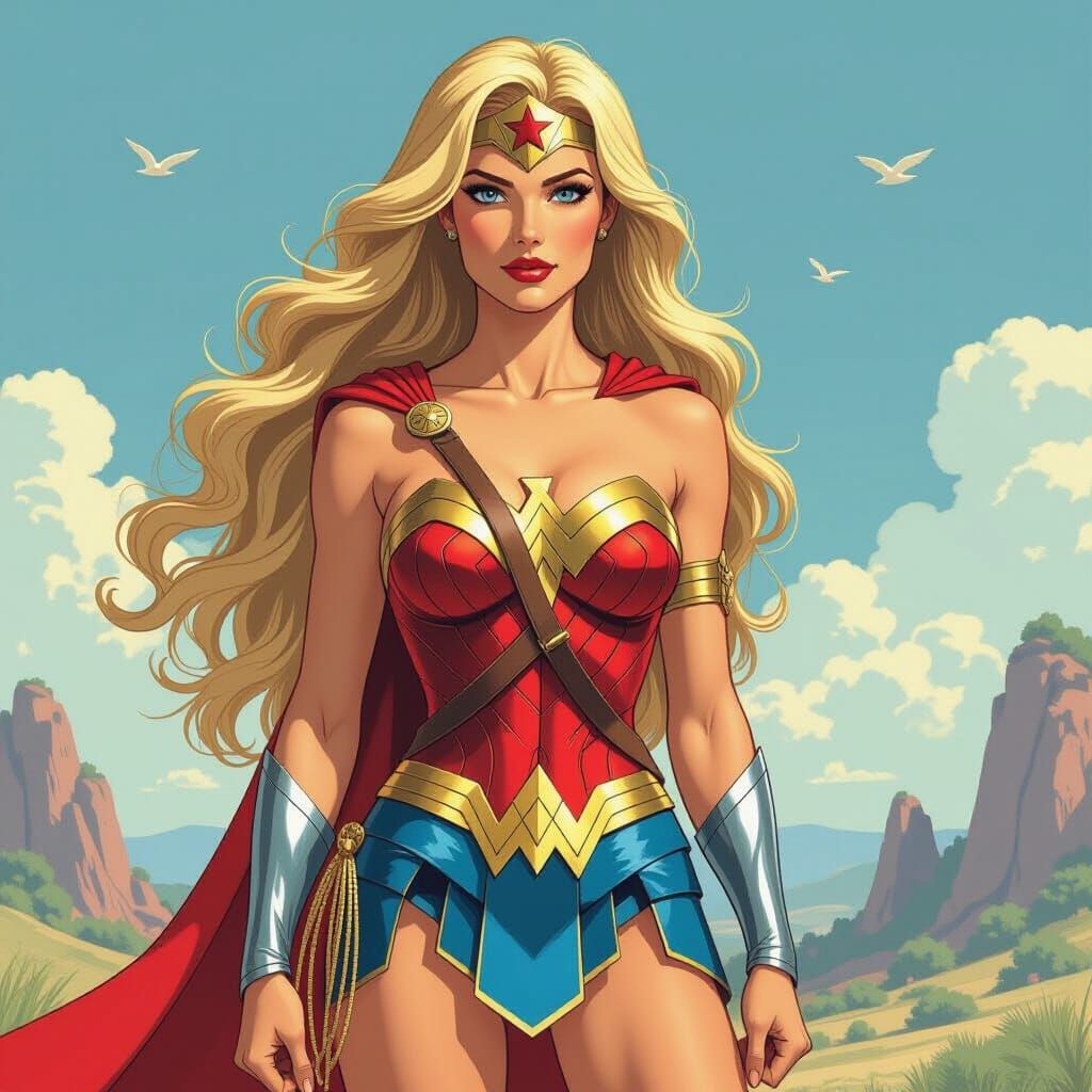Blonde Wonder Woman in Mythical Landscape