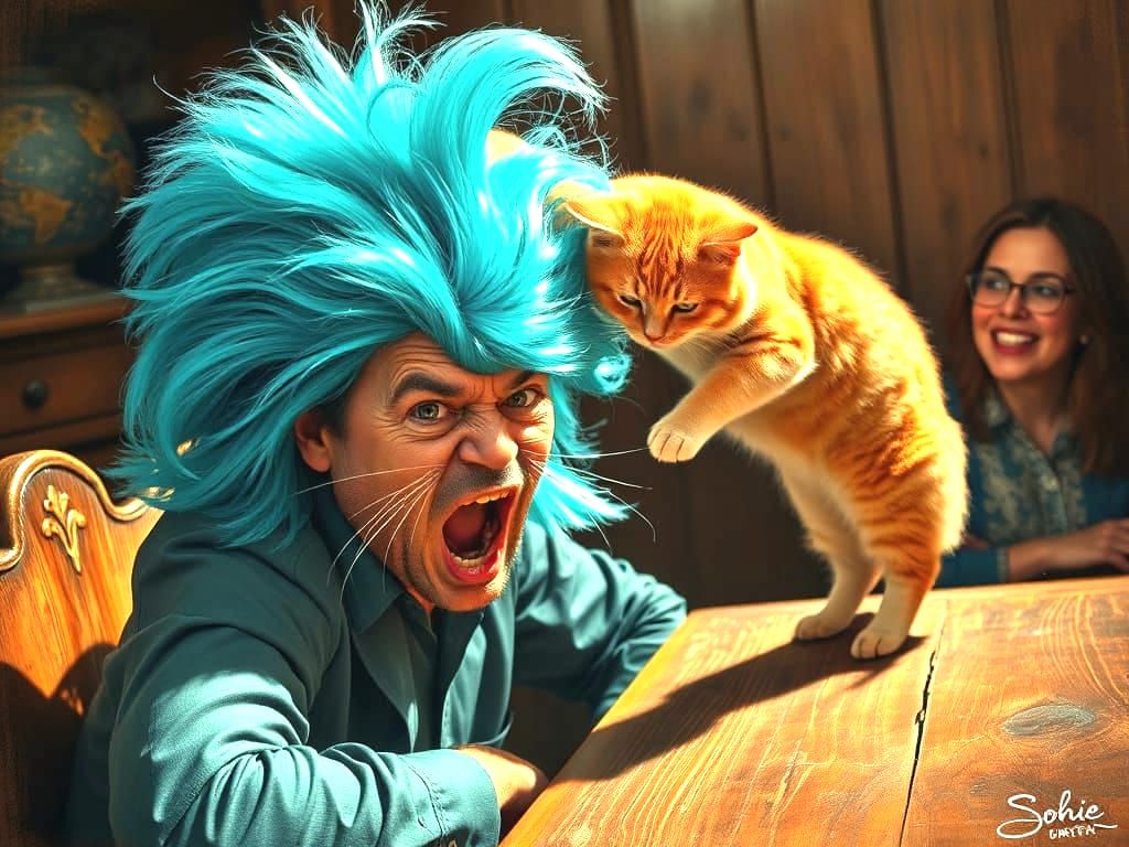 Cat Pulls Man's Wig In Surreal Cafe Scene