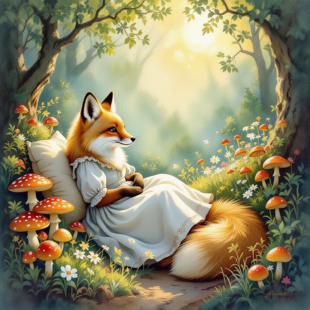 Fox in Magical Forest Watercolor Painting