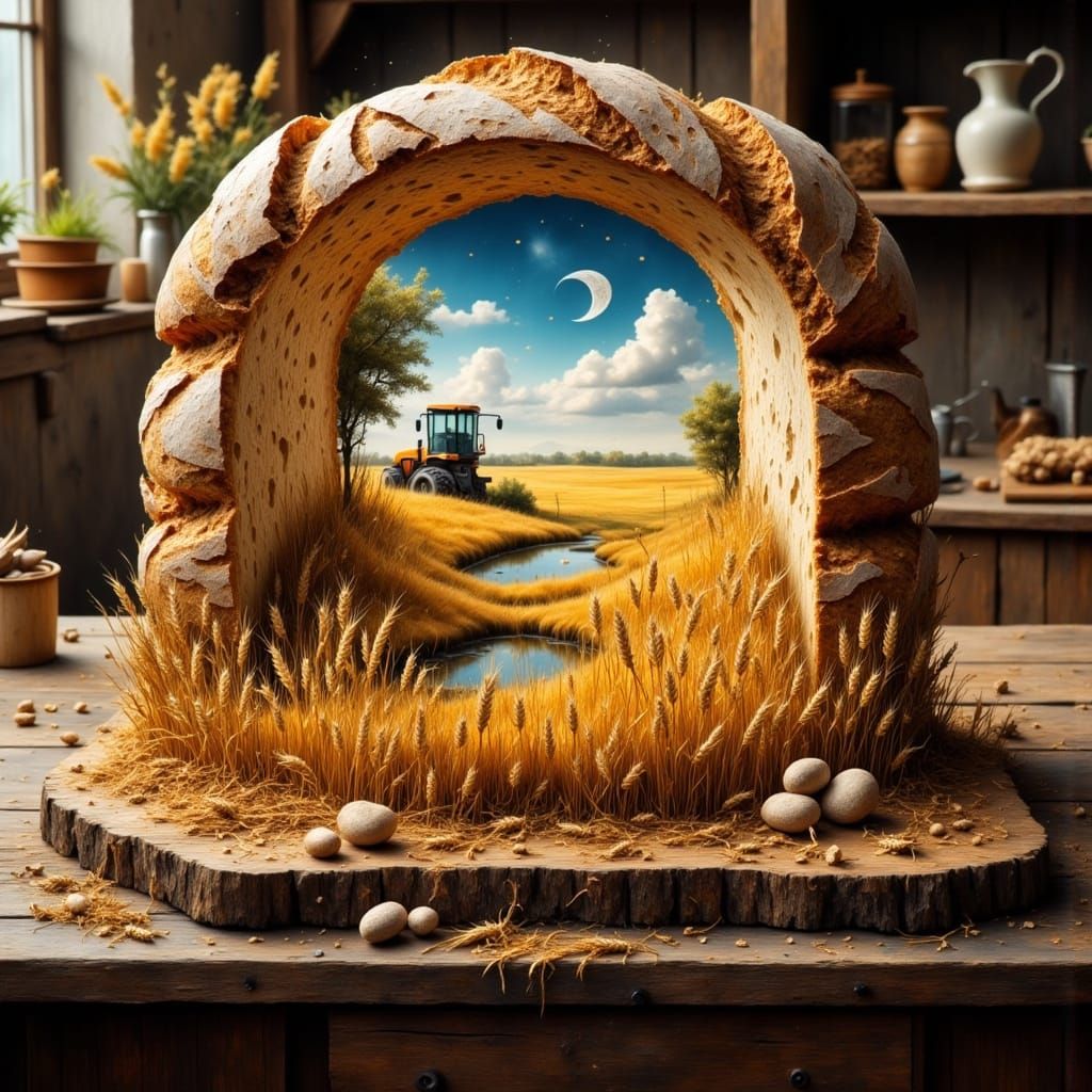 Surreal Bread Landscape in Grunge Style