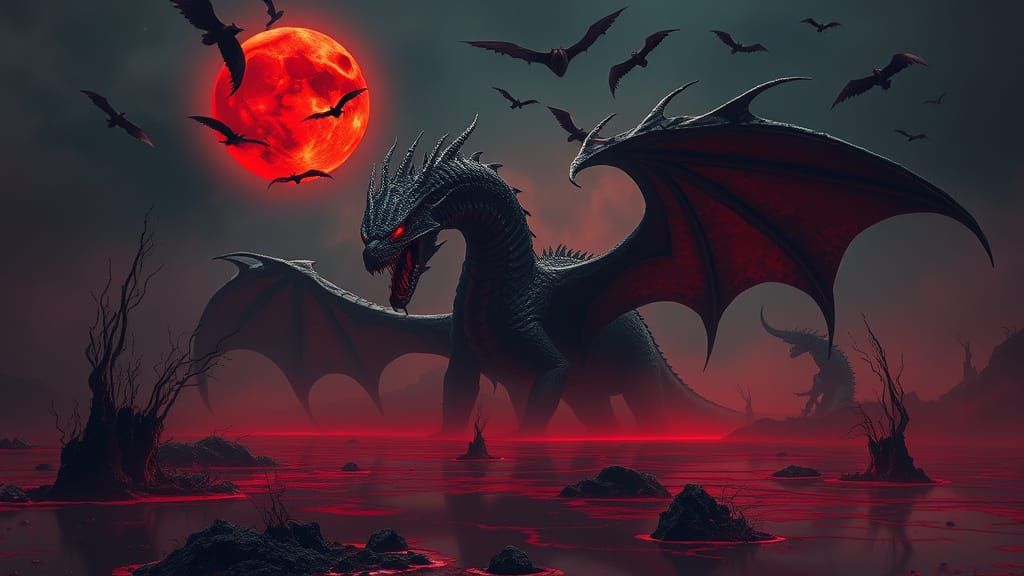 Obsidian Dragon in Blood Lake Under Blood Moon