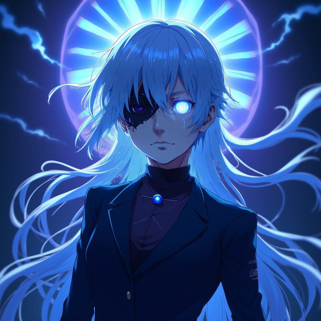 Confident Anime Character with Glowing Eyes in Neon Lighting