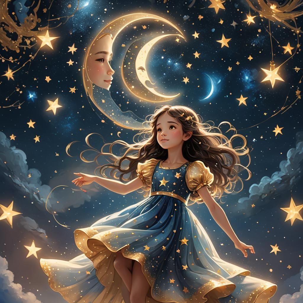 Ethereal Girl Floating Among Stars: Digital Fantasy Art
