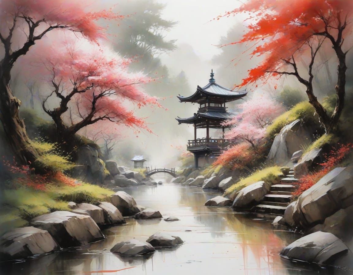 Japanese Garden with Cherry Blossoms in Watercolor Style