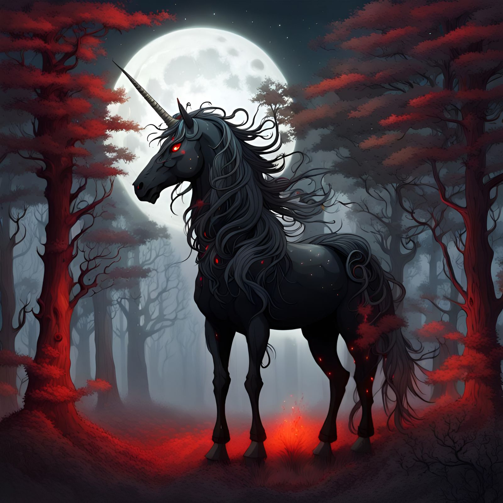 Anime Black Unicorn with Noctilucent Horn in Forest