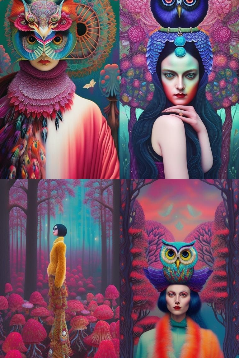 Owl with Mushroom, Ornate Digital Art