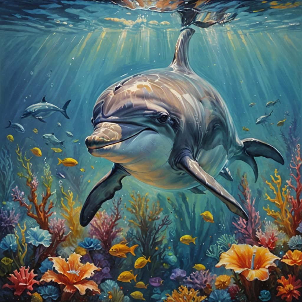 Happy Dolphin Underwater: Oil Painting