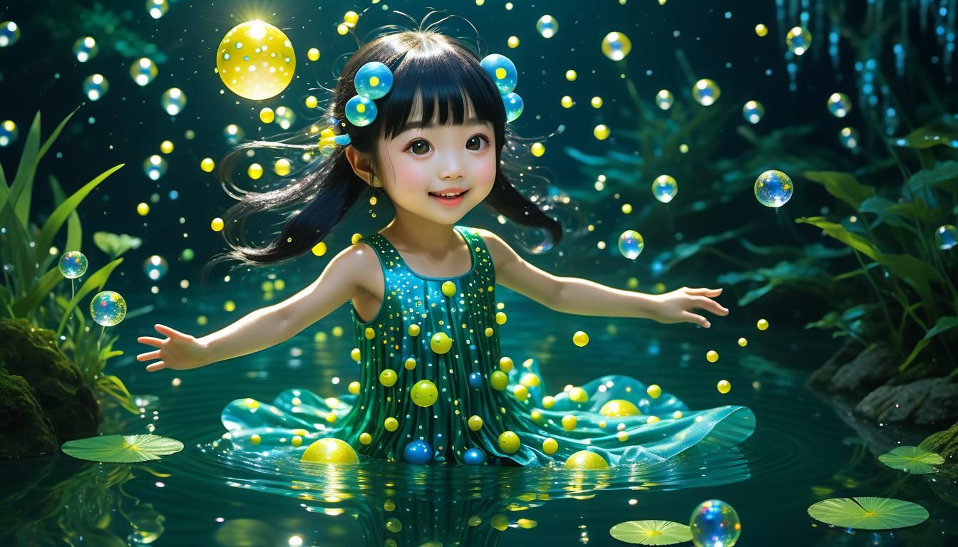 Luminous Asian Water Sprite in Miyazaki-Kusama Style