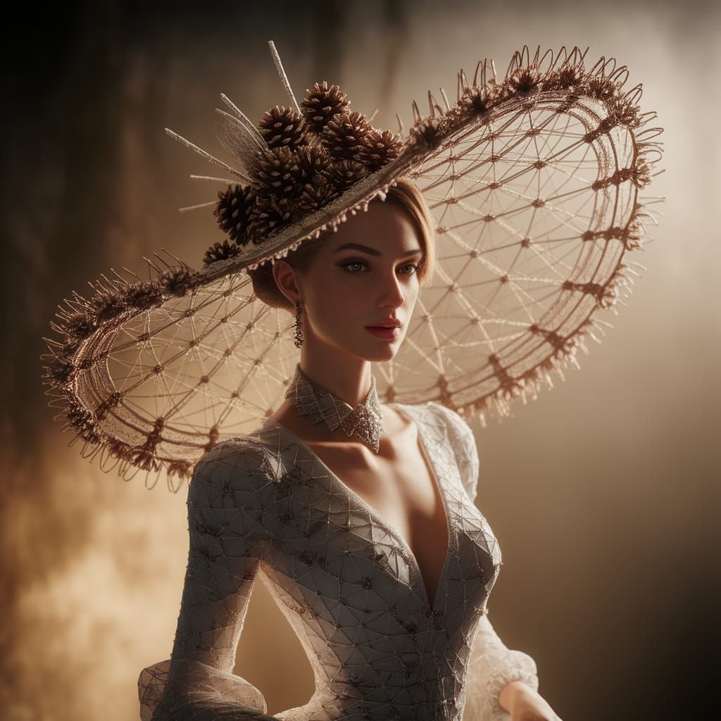 Art Deco Wire & Pine Cone Hat on Model