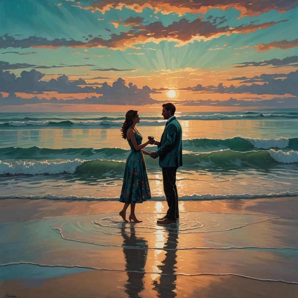 Romantic Beach Proposal at Sunset in Impressionist Style