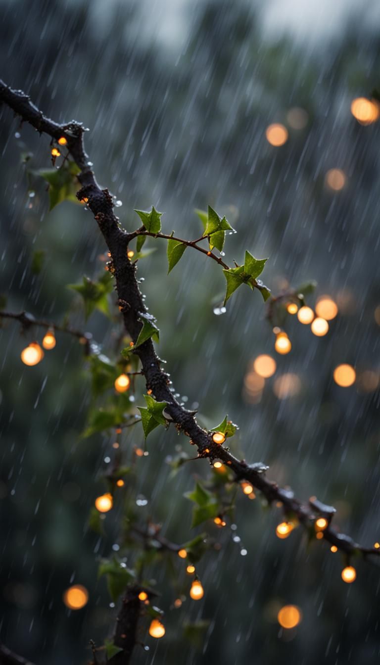 Rain-Kissed Thorny Vine with Ambient Glow