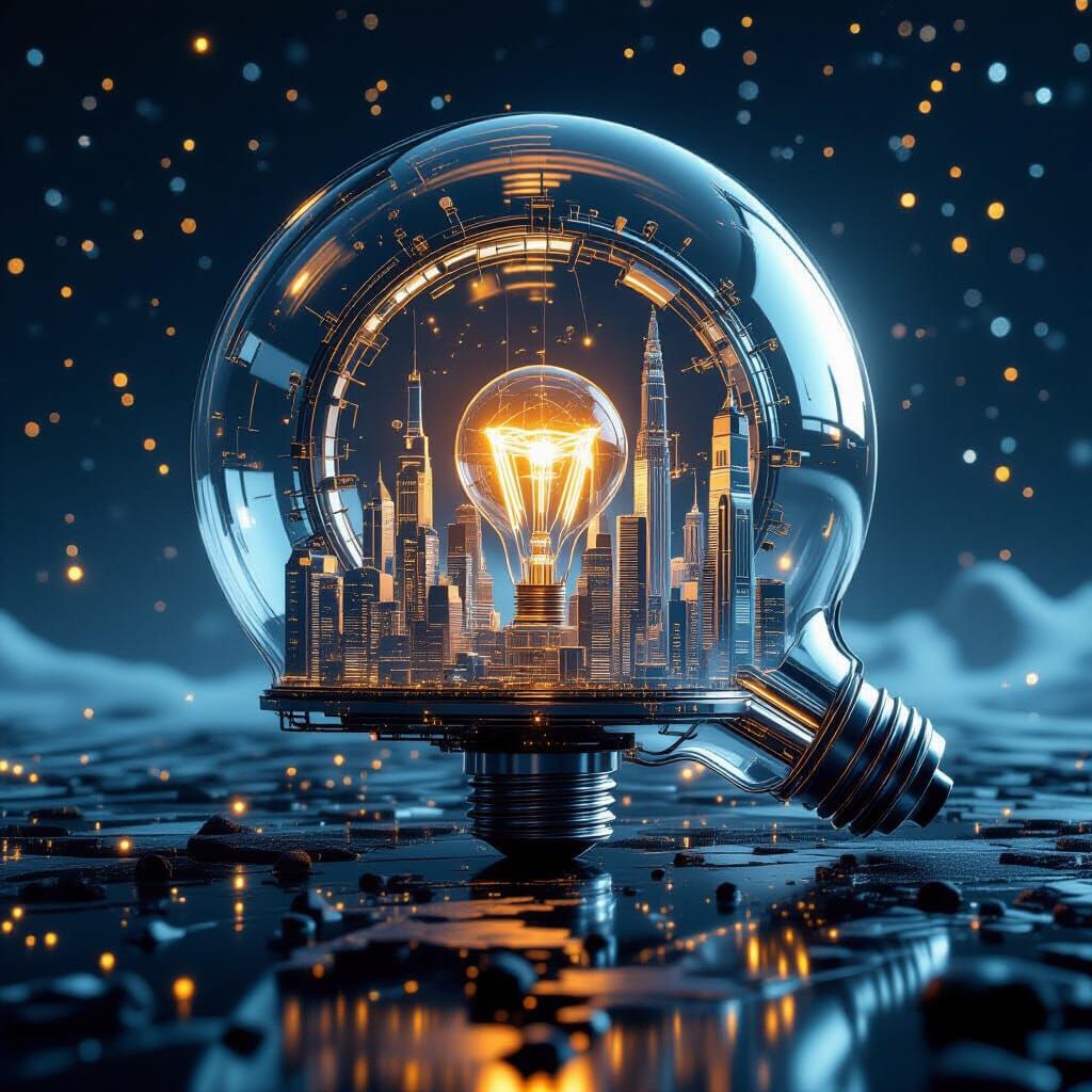 Futuristic City in Lightbulb, Sci-Fi 3D Render