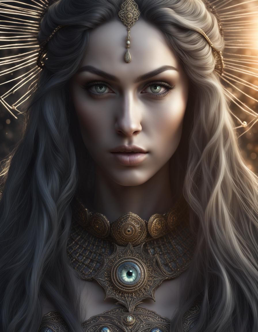 Sinister Goddess with Long Hair in Hyper-Realistic Detail