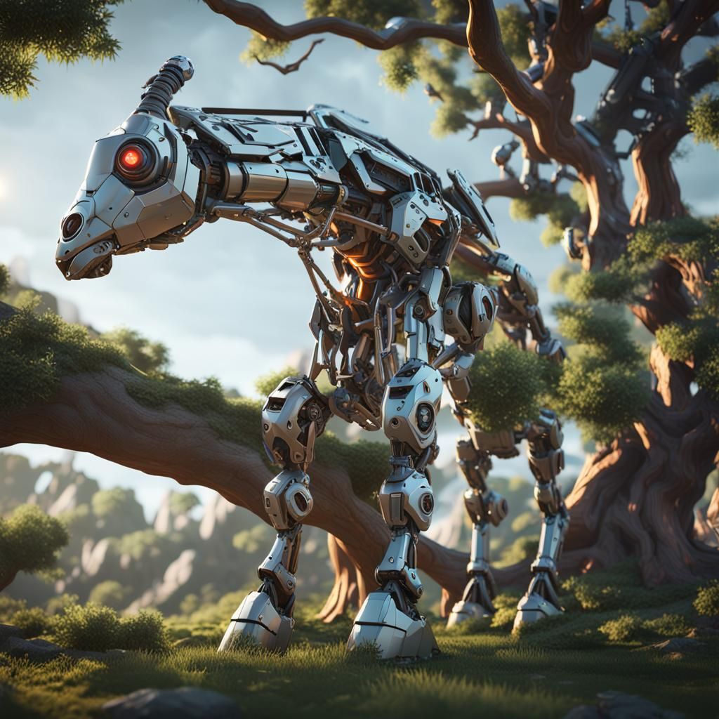 Futuristic Robot Giraffe in Tree, Sci-Fi Art