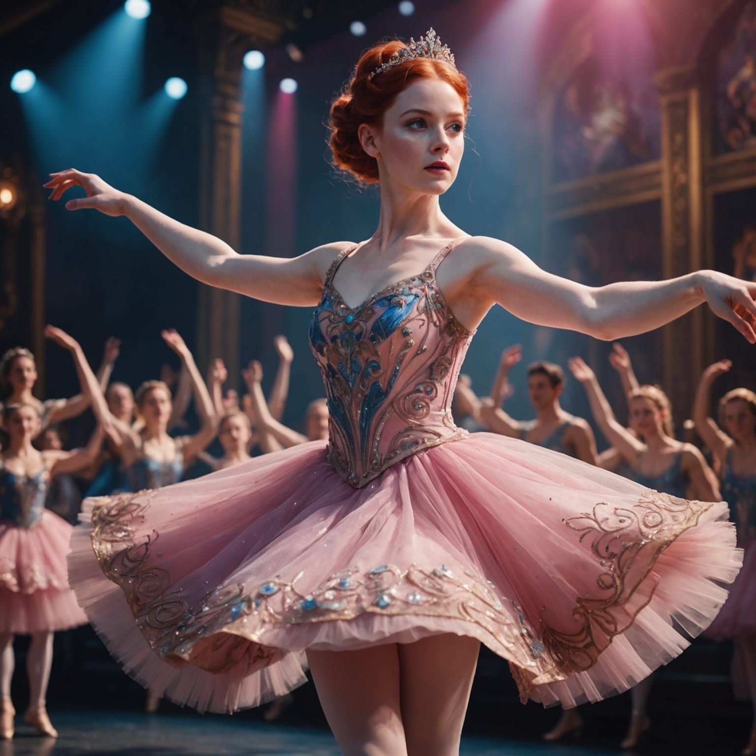 Red-Haired Ballerina Performing Onstage in Fantasy Style