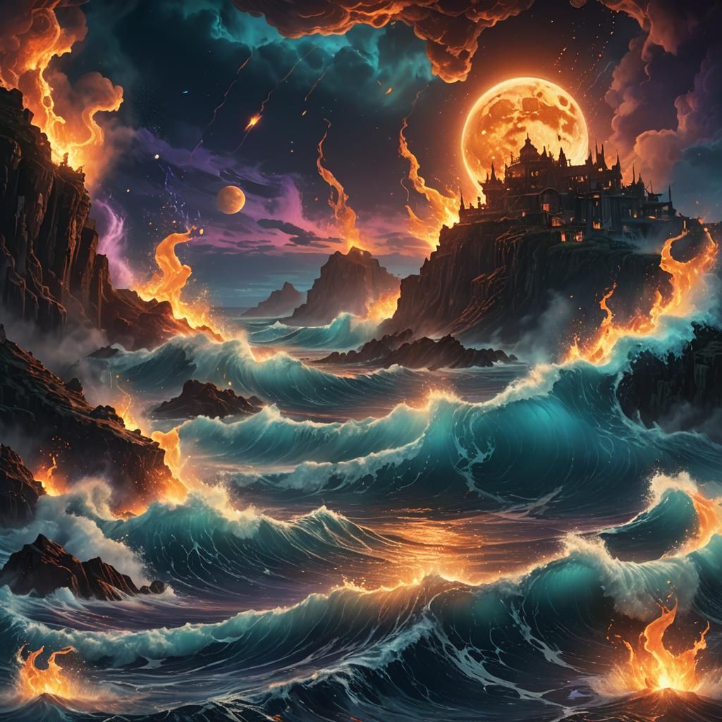 Fiery Moon Emerges from Ocean in Fantasy Art