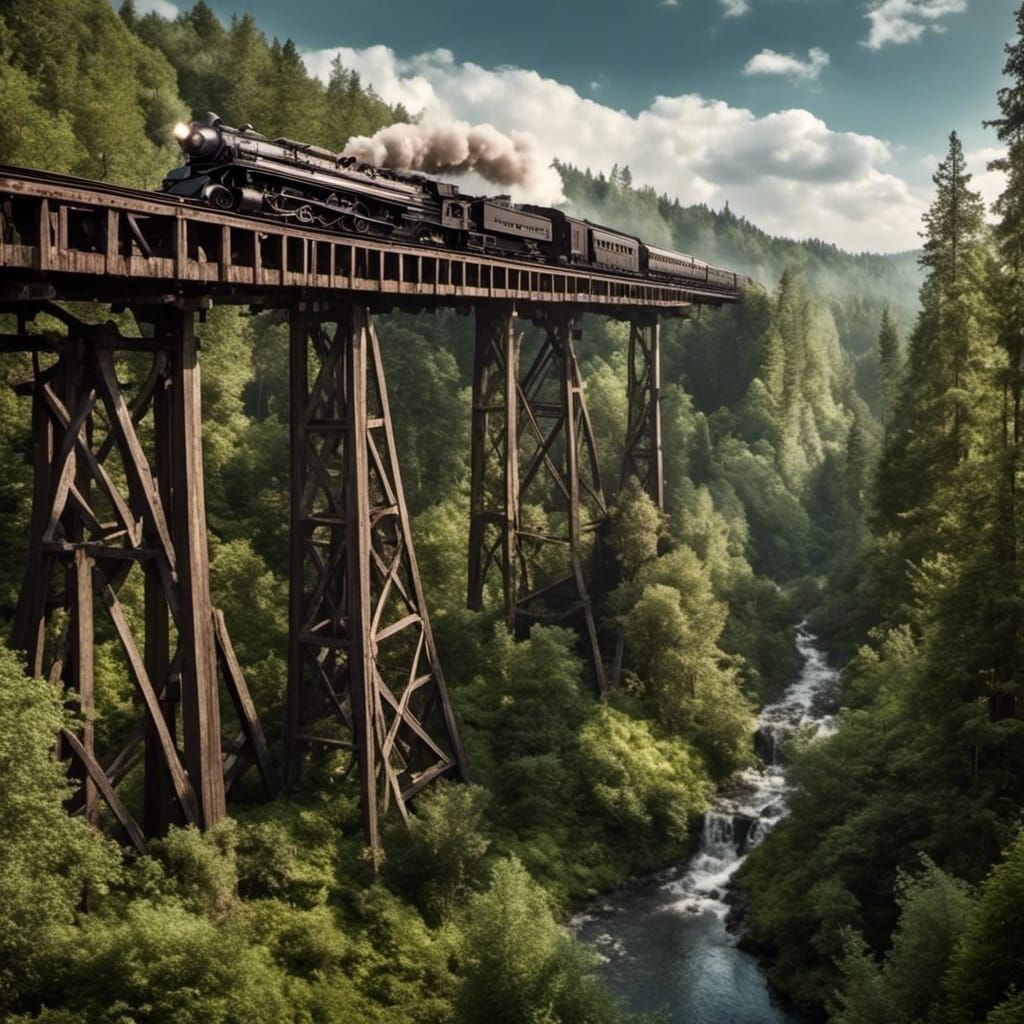 Train on Trestle Bridge in Dark Fantasy Style