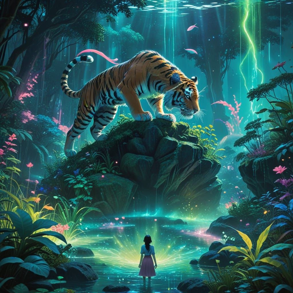 Ethereal Tiger Goddess in Lush Enchanted Forest