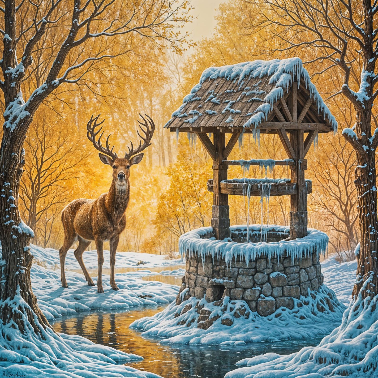 Enchanting Winter Scene of a Deer at a Golden Sunset