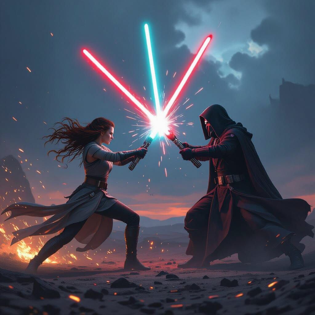 Heroine Battles Sith Lord with Cyan Lightsabers