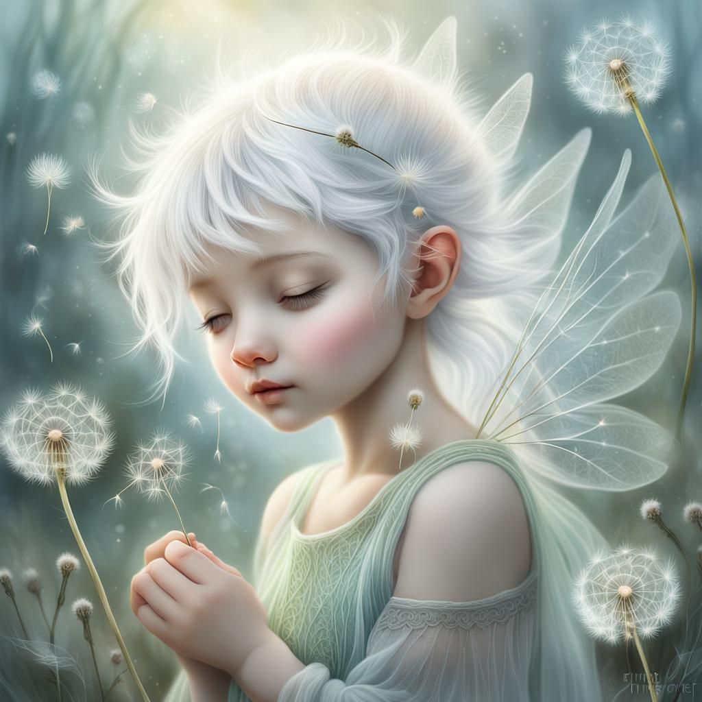 Ethereal Baby Fairy with Dandelion Seed in Digital Painting