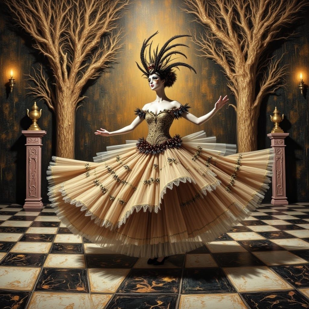 Elegant Masquerade Dancer in Baroque-Inspired Gown on Checke...