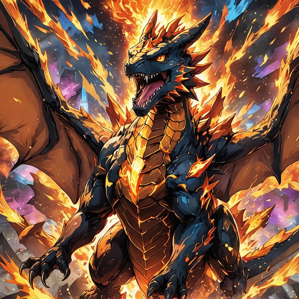 Charizard Roaring in Fiery Anime Explosion
