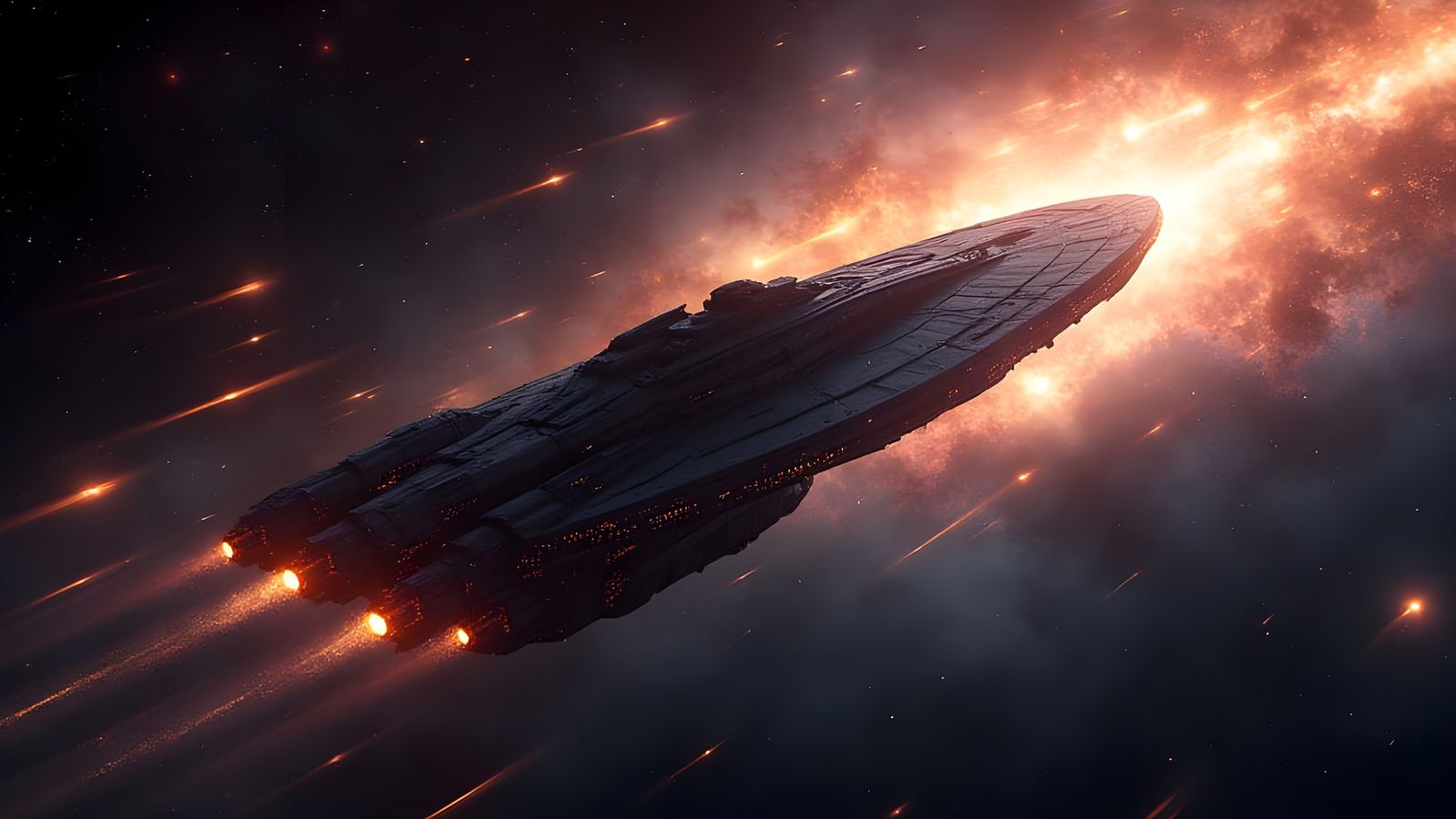 Colossal Starship Warping Through Deep Space