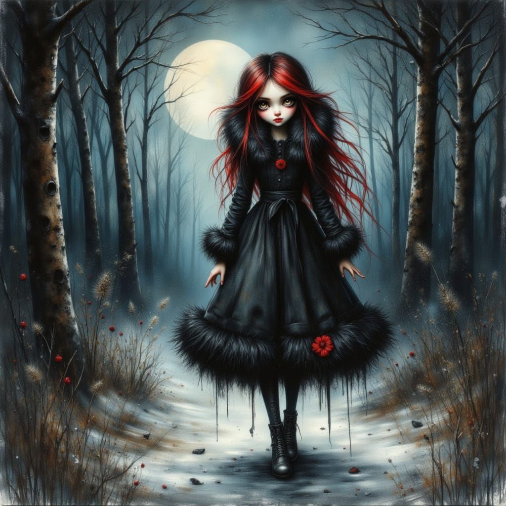 Eerie Moonlit Winter Forest with Grunge Girl