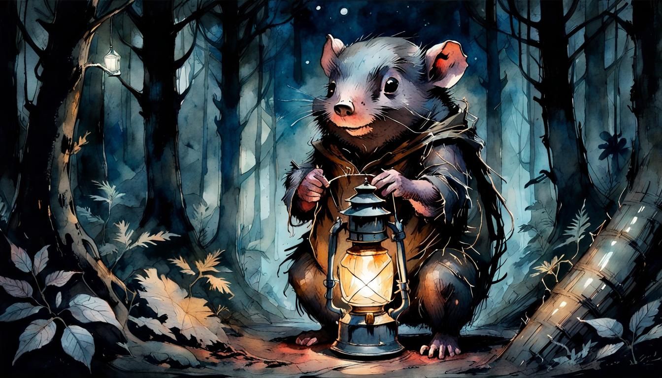 Mole with Lantern in Deep Forest: Watercolor Sketch